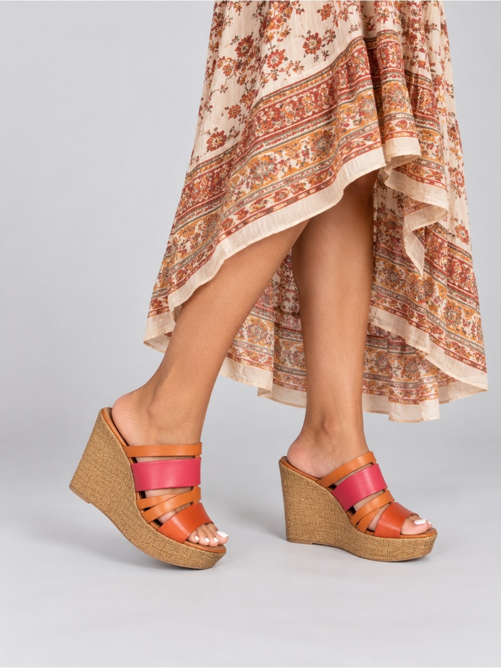 Ladies Sotto Sopra Pink & Brown Wedge Slide Sandals